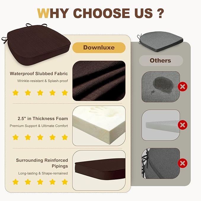 downluxe Chair Cushions for Dining Chairs, Waterproof Kitchen Chair Pads, Non-Slip Dining Seat Cushion with Ties, 17" x 16" x 2.5", Brown, 6 Pack-Ruum Studio Home