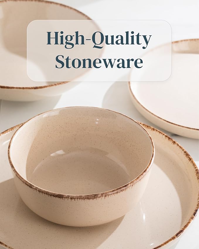 Earthenware dinnerware set 4 persons Rustic 16 pcs - Rustic design dinnerware set, dishwasher safe - Bowl and plate set - Pure Living dinnerware in beige…-Ruum Studio Home