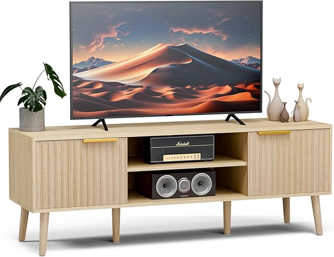 TV Stand for Living Room, Boho Entertainment Center for 55/60/65 inch TVs, Media Console with Fluted Door Cabinets and Open Shelves, for Bedroom, Oak-Ruum Studio Home