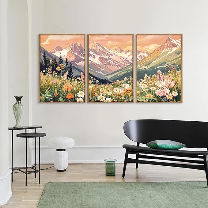 SIGNINART Vintage Floral Framed Canvas Wall Art Set, Large Mountains Nature Landscape Wall Decor, Bohemian Wildflower Forest Artwork, Pink Ridge Art Printing for Living Room Bedroom Office 16"x24"x3-Ruum Studio Home