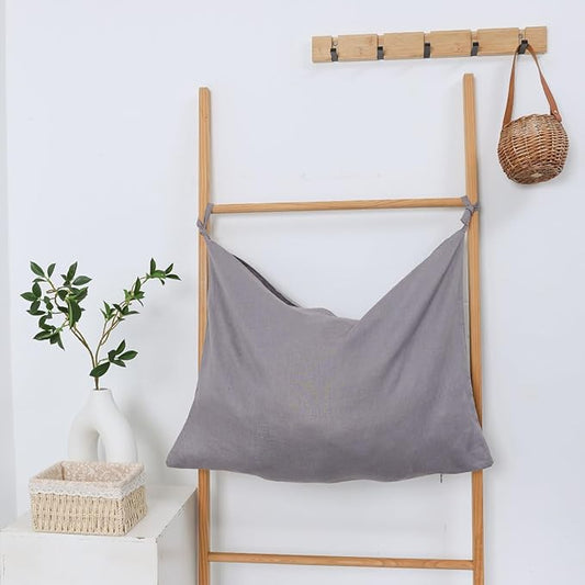 Hanging Linen Laundry Bag, 100% Pure Flax Linen Over The Door Hamper with Bottom Zipper for Laundry Room, Household Dirty Cloth Storage Organizer Bag, Gray-Ruum Studio Home