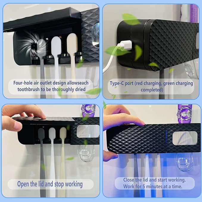 Smart Toothbrush Holder for Bathrooms, Toothbrush Cleaner Wall Mounted, Automatic Toothpaste Dispenser for Equipped with 3 Slots (Black)-Ruum Studio Home
