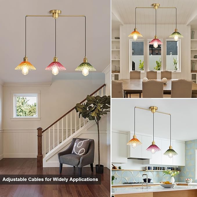 3-Light Pendant Lights Kitchen Island, Ceiling Hanging Lighting Fixtures, Colorful Vintage Glass Shade Pendants, Modern Gold Dining Room Chandeliers Height Adjustable for Farmhouse Living Room-Ruum Studio Home