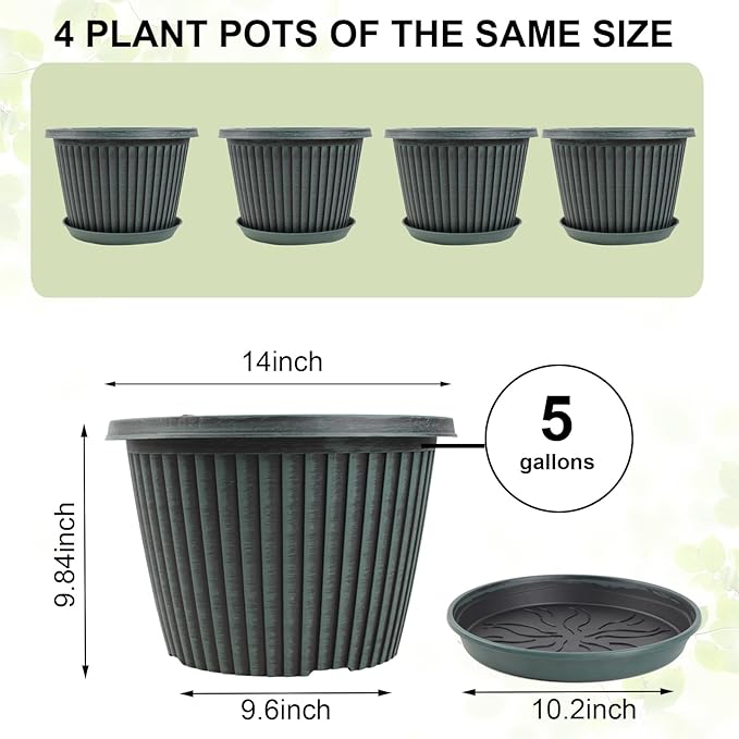 Large-Planter-Indoor-Outdoor Plant Pots, 14 inch 4 Pack Plastic Flower Pots with Saucer And Drainage Holes, Modern Garden Planters For Planting Medium Large Plants， Decorative Resin Garden Pots-Ruum Studio Home