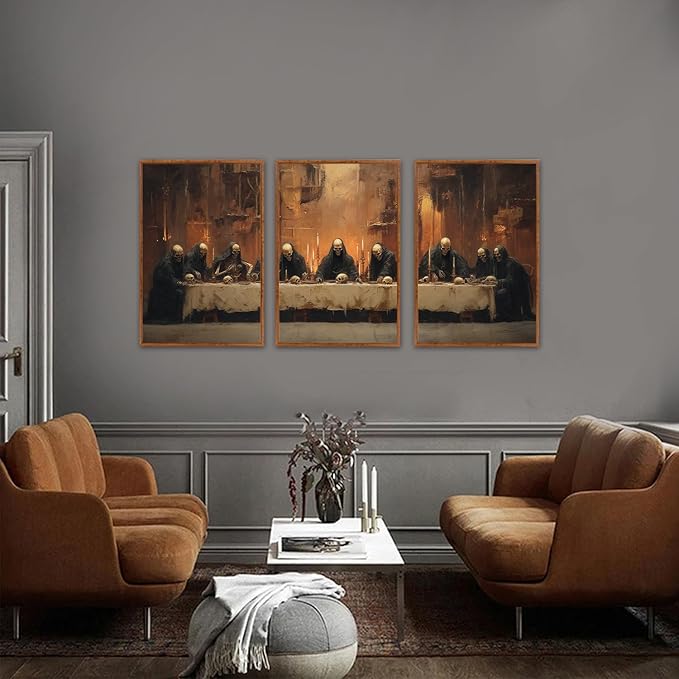 KAIRNE Framed Skeleton Canvas Wall Art,Abstract Retro Skull Pictures Set of 3(16”X24”),Scary Halloween Prints,Horror Wall Art,Skeleton Last Supper Posters for Living Room Bedroom Ding Room Decoration-Ruum Studio Home