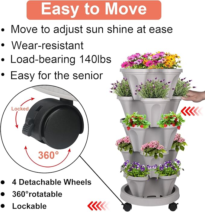 Vertical Planter 5 Tier Stackable Planters Garden Planters Strawberry Herb Flower and Vegetable Planter Indoor Outdoor Gardening Pots with Removable Wheels and Tools 2-Pack-Ruum Studio Home