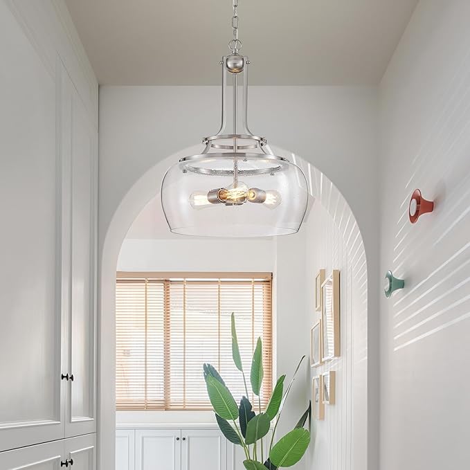 WUZUPS Chandelier Rustic Farmhouse Industrial Round Ceiling Pendant LED Light Fixture Clear Seeded Glass Shade for Dining Room Kitchen Island Foyer Entryway, H 20.9" x W 15.9", Brushed Nickel-Ruum Studio Home