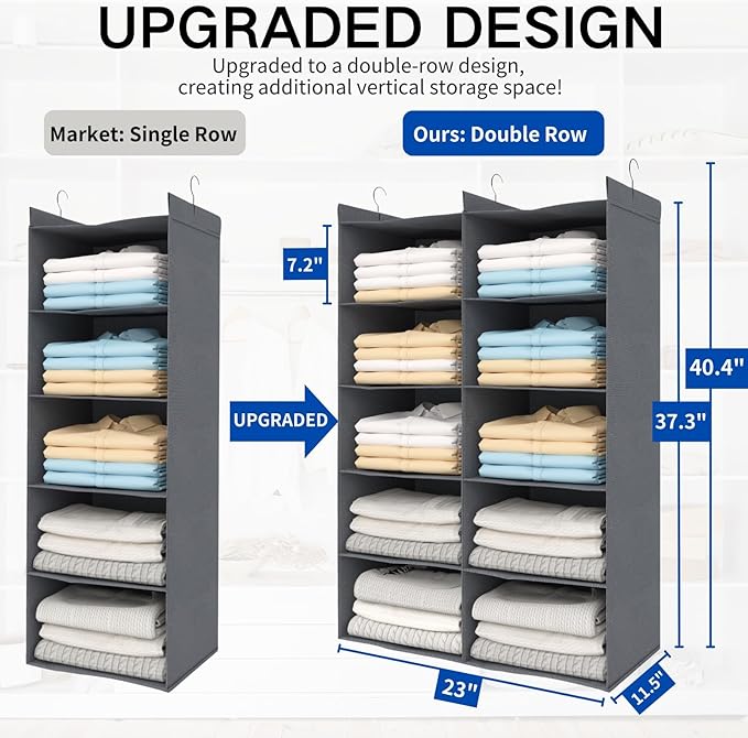 5 Tier Shelf Hanging Closet Organizer, Dual-Row 10 Pocket Cloth Hanging Shelf with 3 Sturdy Hooks for Storage, Foldable (Grey)-Ruum Studio Home