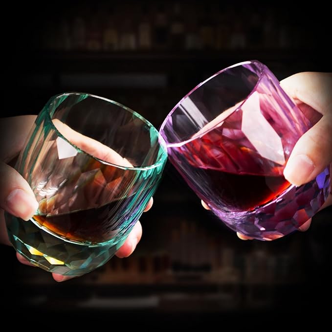 KAMMAK Crystal Whiskey Glasses Set of 2, 7oz Old Fashioned Glasses Stemless, Hand Blown Colored Cocktail Glasses, Engagement Gifts for Couples, Women, Men-Ruum Studio Home