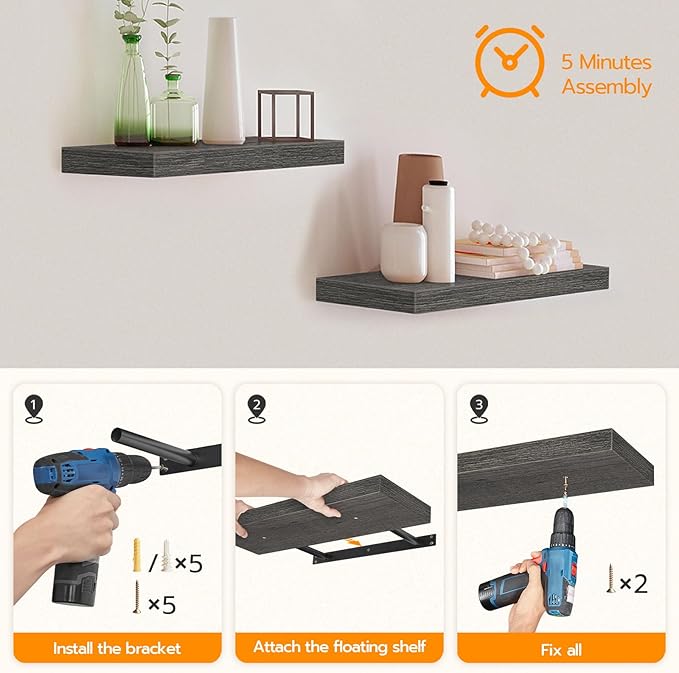 HOOBRO Floating Shelves for Wall, Wall Mounted Shelf Set of 2, 15.7" Hanging Shelf with Invisible Brackets, for Wall in Bathroom, Bedroom, Toilet, Kitchen, Living Room, Office, Charcoal Gray BC40BJ01-Ruum Studio Home