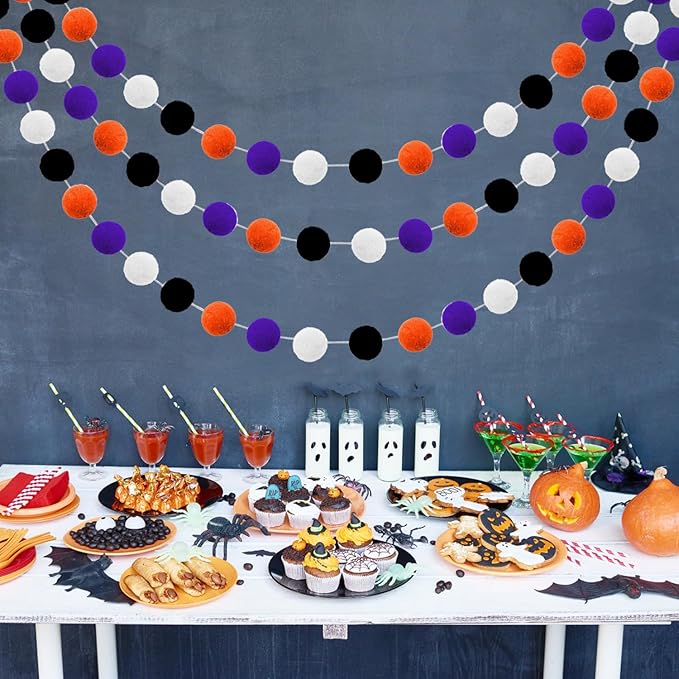 Jishi Fall Event Garlands, 3pk Orange Black White Felt Pom Pom Garland, 6.6ft Long, 25mm 24 Balls, Halloween Thanksgiving Party Decor-Ruum Studio Home