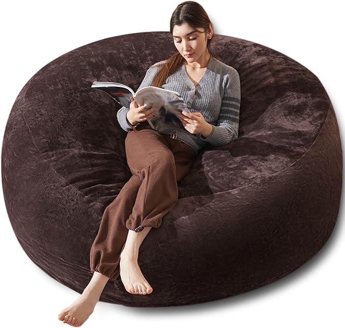 Bean Bag Chair 6Ft, Memory Foam Filled, Large Beanbag Chairs for Adults and Teens, Soft Sofa with Removable Flannel Cover, Round Couch for Living Room Bedroom College Dorm (Brown, 6FT-67×67"×24")-Ruum Studio Home