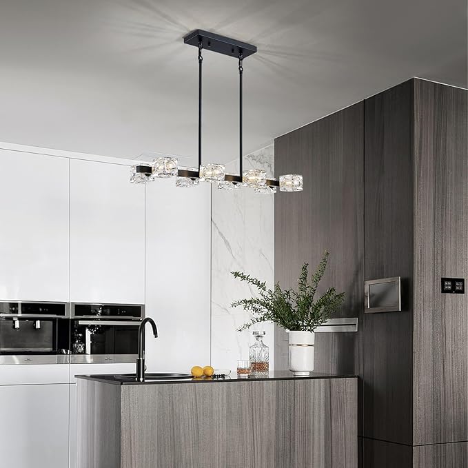 XINGQI Modern Chandeliers for Dining Room Over Table, 8-Light Rectangular Kitchen Island Light Fixture, Linear Farmhouse Metal Glass Black Vintage Hanging Lamp for Living Room Bar-Ruum Studio Home