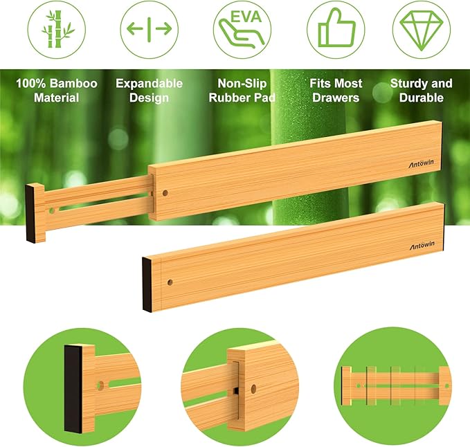 ANTOWIN Bamboo Drawer Dividers Organizers 16pcs, Expandable Drawer Separators Splitter, 17-22 inches Long Adjustable Spring-loaded Organizer for Large Utensil, Clothes, Tools Drawers (8+8)-Ruum Studio Home