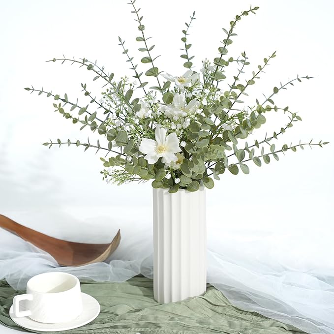 18Pcs Faux Eucalyptus Stems, 15" Artificial Eucalyptus Plants with White Frosted Coating, Fake Eucalyptus Decor Plastic Greenery Leaves for Wedding Bouquets Home Decor DIY Floral Arrangements-Ruum Studio Home