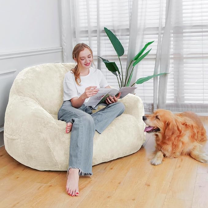 Giant Bean Bag Chair, Oversized Bean Bag Chairs for Adults and Kids, Gaming Chair Stuffed Memory Foam | Storage | Non-Slip, Removable Bean Bag Sofa Comfy Chair for Bedroom, Livingroom (Beige)-Ruum Studio Home