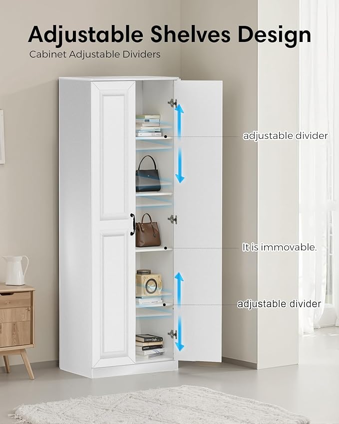 Storage Cabinet/Pantry cabinets, Soft White Finish, 71" Tall Wood Cupboard with 2 Door and 3 Adjustable Shelves for Kitchen, Dining Room, Living Room, Bathroom (Style 1)-Ruum Studio Home