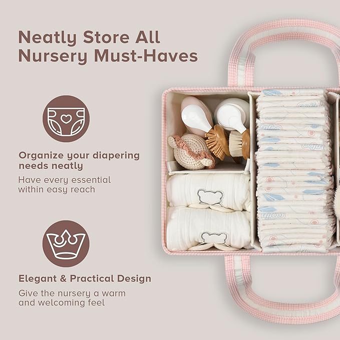 PeraBella XL Diaper Caddy Organizer With Handle, Baby Shower Gifts Basket Bag, Registry Search Must Haves Items, Newborn Girl Boy Nursery Storage Organizer, Baby Bag Essentials, Car Diaper Caddy Cart-Ruum Studio Home