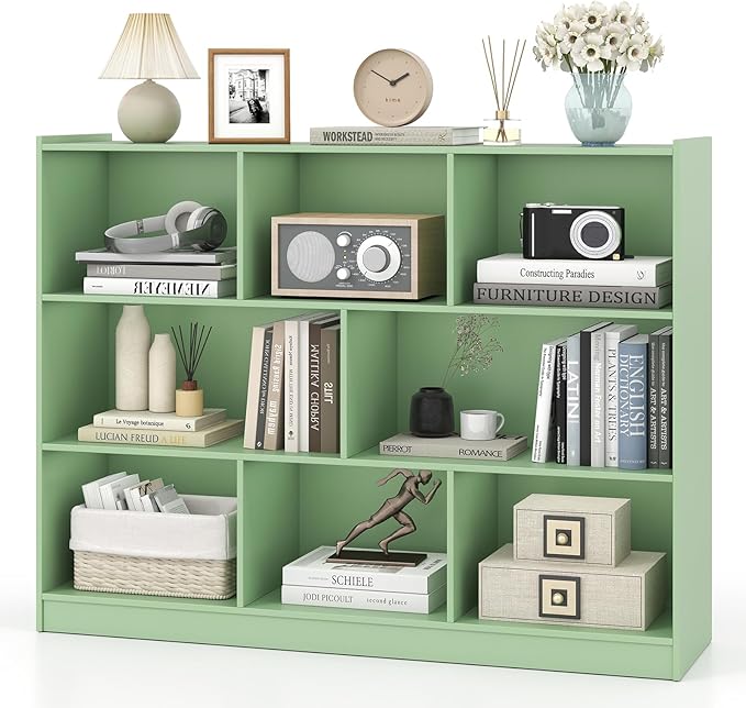 Tangkula 8-Cube Bookcase, Wood 3 Tier Open Storage Bookshelf, Modern Multipurpose Display Cabinet for Living Room, Study, Reading Nook, 48 x 12.5 x 36.5 Inch (Green)-Ruum Studio Home