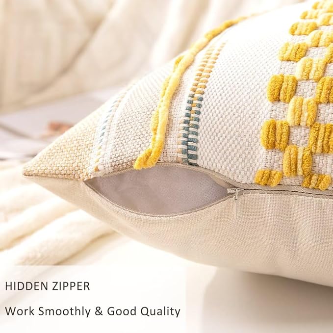 Boho Throw Pillow Covers 18x18 Set of 2 Farmhouse Decorative Cushion Case Striped Square Pillows Cover Chenille Pillow Cases Accent Neutral Pillowcase for Sofa Couch Bed,Yellow-Ruum Studio Home