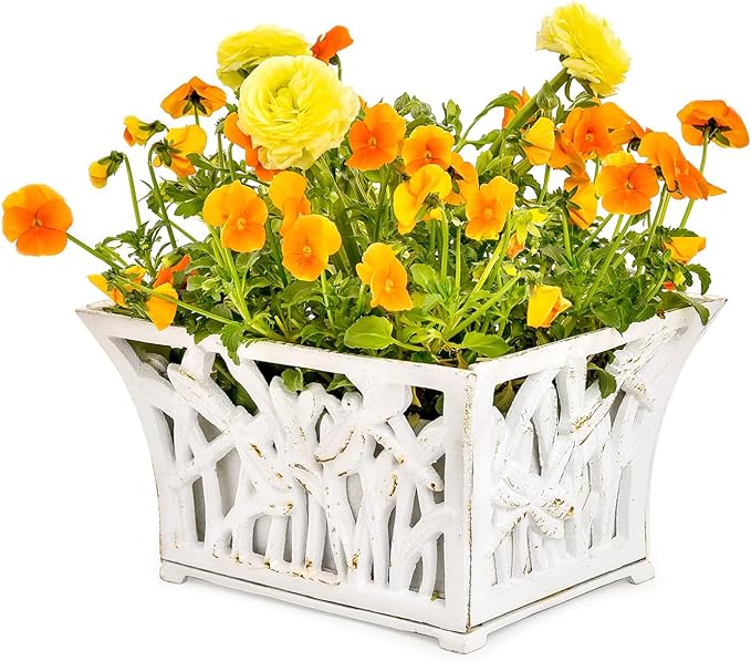 Sungmor Heavy Duty Cast Iron Planter Basket w/Non-Woven Growing Bag, Unique Shape & Beautiful Pattern Design, Hollow Orchid Flower Pot Garden Tools Holder, Rust White French Country Decor Container-Ruum Studio Home