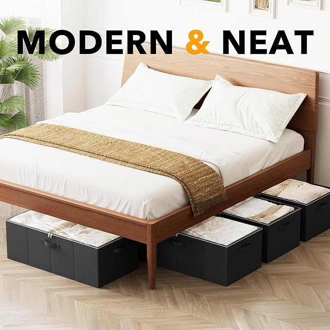 SpaceAid 4 Pack 10" High Under Bed Storage Containers, Large Underbed Storage Organizer Bins with Lids for Bedroom, Dorm, Clothes, Closet Organization, Bed Sheets and Blankets (Black)-Ruum Studio Home