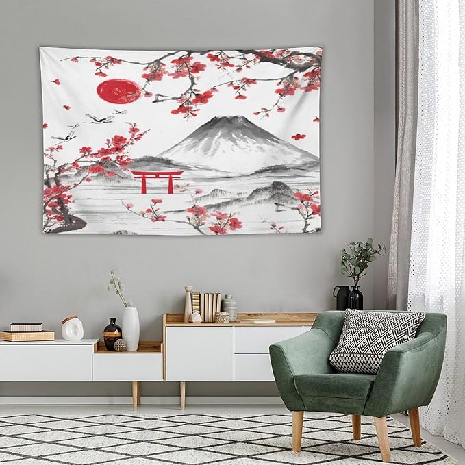 Red Cherry Blossoms Tapestry, Japanese Fuji Mountain Tapestry, Asian Japanese Wall Tapestry, Nature Landscape Tapestries for Bedroom Living Room Decor 60"x40"-Ruum Studio Home