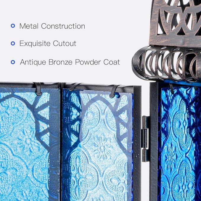 NEEDOMO Hanging Moroccan Lantern, 12.8'' Vintage Candle Holder, Metal Lanterns Decorative Indoor Outdoor, Table, Patio, Porch, Shelf, Gothic Home Decor (Blue, Large Size)-Ruum Studio Home