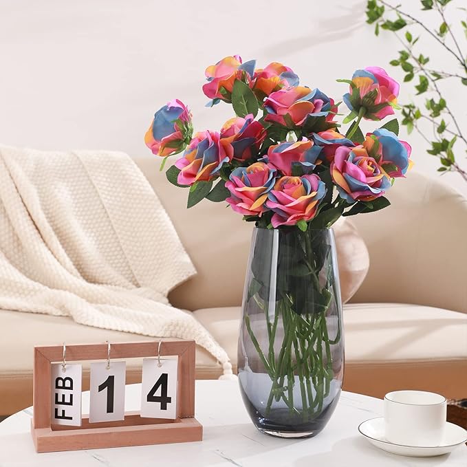 Rainbow Fake Roses Artificial Flowers - 10 Pcs Fake Artificial Roses Silk Flowers with Stems for Home Wedding Hotel Office Centerpiece Decor（Rainbow）-Ruum Studio Home