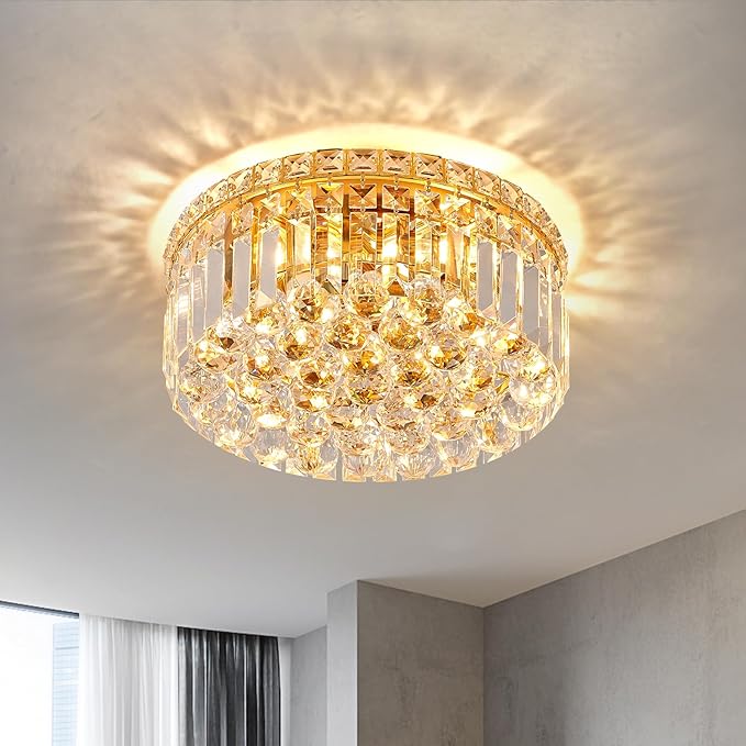 4-Light Gold Crystal Chandeliers Flush Mount Chandelier Light Fixture with K9 Crystals Modern Ceiling Lights Elegant Round Lamp for Bedroom,Hallway,Bar,Living Room,Dining Room,H5.9 xW13.7-Ruum Studio Home