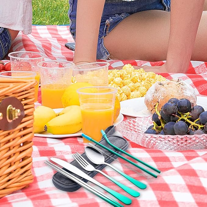 Travel Utensils Set with Case Reusable Portable Cutlery Set Stainless Steel 8pcs Including Dinner Knife Fork Spoon Chopsticks straws(Gradient Green)-Ruum Studio Home