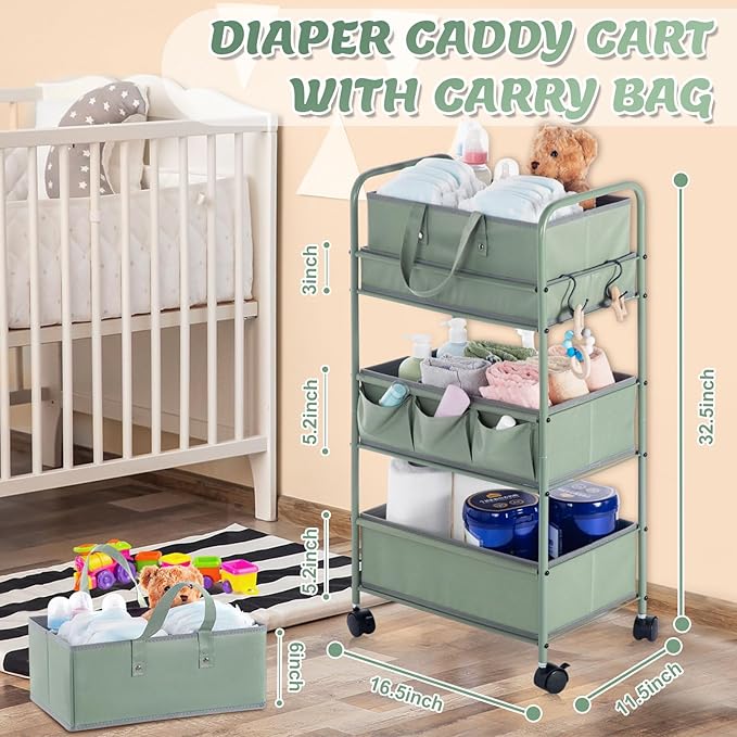 Honeydak 2in1 Baby Diaper Caddy Organizer Cart 3 Tier Large Capacity Metal Utility Bedside Rolling Cart with Divider for Newborn Nursery Essential Must Have for Crib Bedroom Baby Shower(Green)-Ruum Studio Home