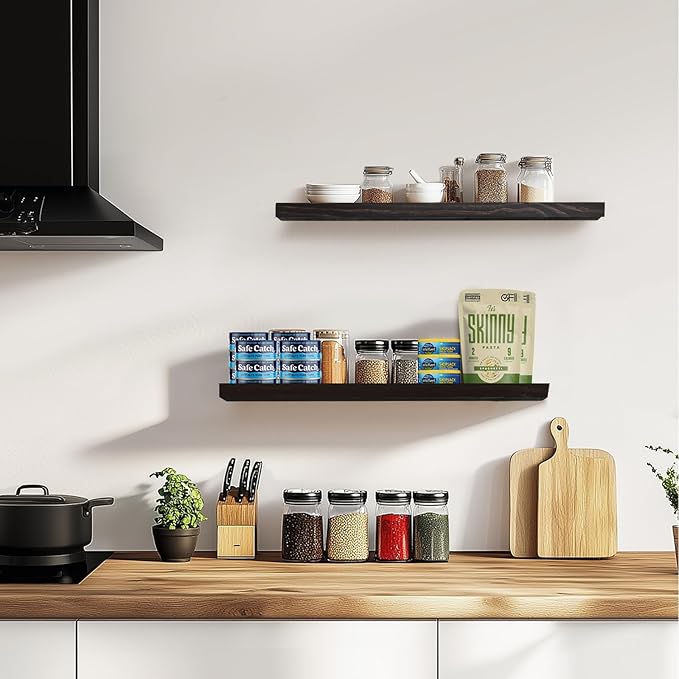 Floating Wall Shelves 2-Pack - 24-Inch Rustic Black Wooden Shelves for Storage and Décor, Easy Installation for Living Room, Bedroom, and Kitchen-Ruum Studio Home