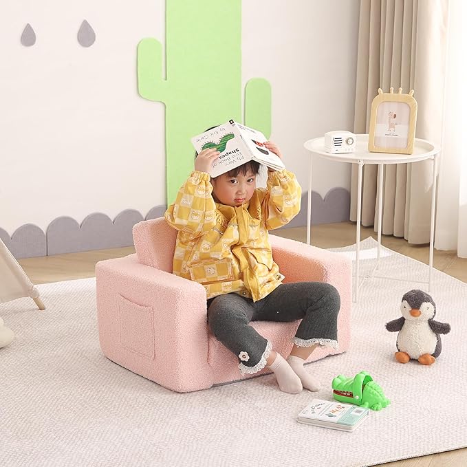 Welnow 2-in-1 Kids Sofa Chair, Convertible Toddler Chair Flip Out Children Sofa Chair Folding Kids Play Sofa with Side Pockets & Removable Cover Armrest Chair for Girl or Boy-Ruum Studio Home