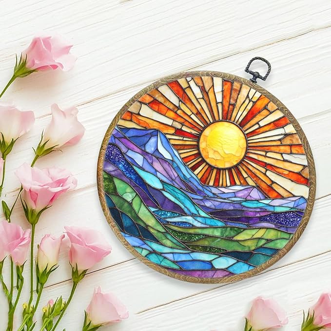 Colorful Mountain Sunset Bohemian Style Rainbow Sunrise Art Gift Framed Round Wall Decor Canvas Wall Art Hanging Prints Artwork for Home Nursery Bedroom Door Office Porch Decorations 10.2X10.2 Inch-Ruum Studio Home