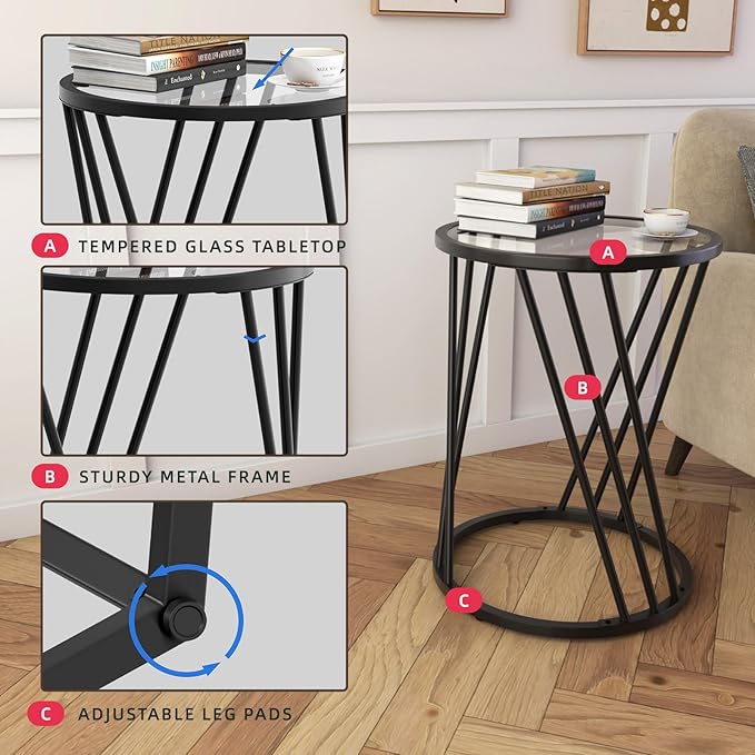 Round Side Table, Modern End Tables for Living Room Office Small Spaces, Glass Black End Table with Metal Frames, Nightstand for Bedroom, Bedside Furniture, Easy Assembly-Ruum Studio Home