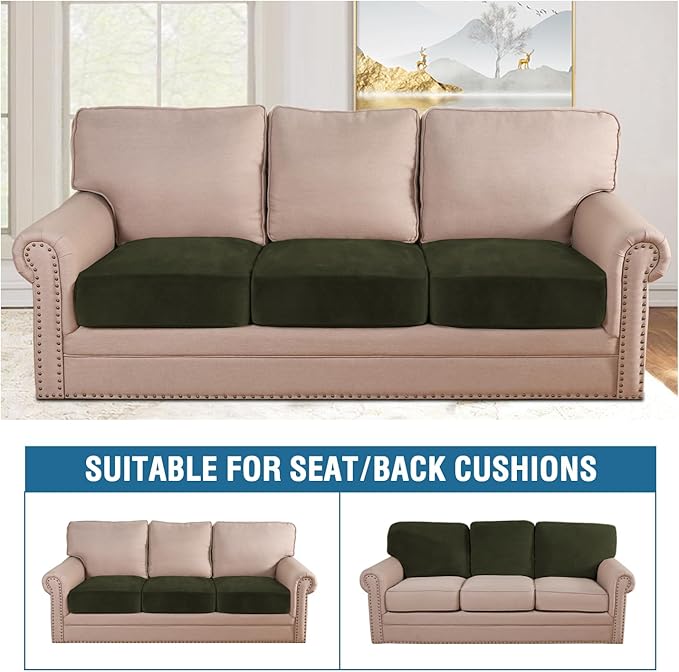 H.VERSAILTEX Velvet Stretch Couch Cushion Cover Plush Cushion Slipcover for Chair Loveseat Sofa Cushion Furniture Protector Seat Cushion Sofa Cover (3 Piece Sofa Cushion Covers, Olive)-Ruum Studio Home