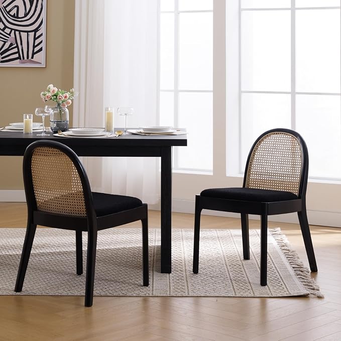 Mid Century Dining Chairs Set of 2, Accent Rattan Sherpa Fabric Side Chairs Kitchen Chair with Solid Wooden Legs for Living Room Dining Room, Black-Ruum Studio Home
