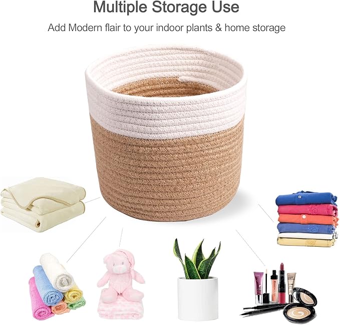 11" Cotton Rope Plant Basket Modern Woven Baskets for 10" Flower Pot Floor Indoor Planters,Storage Organizer Baskets Home Decor,Brown White 11"x 11"-Ruum Studio Home