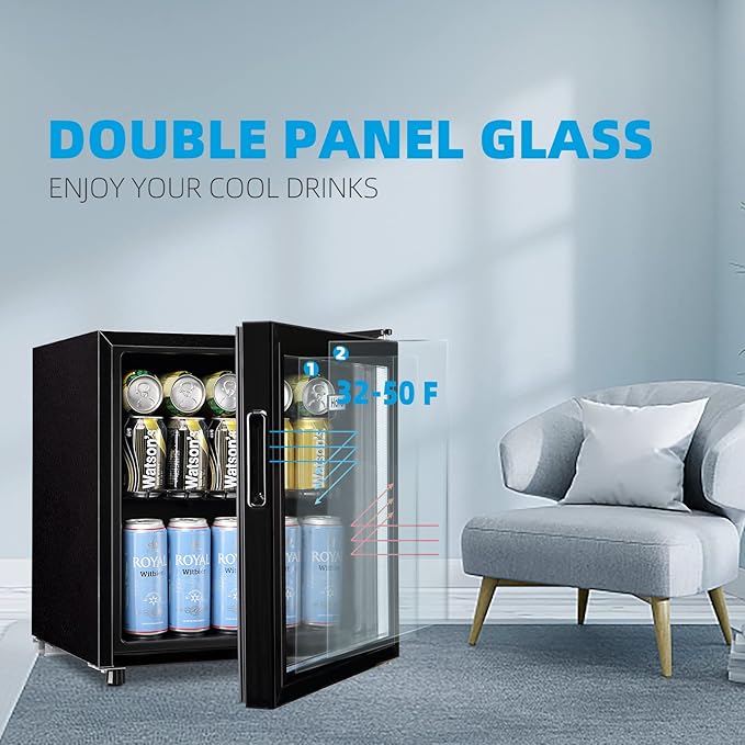 WANAI Mini Fridge Cooler 60Cans Beverage Refrigerator Glass Door Beverage Cooler for Beers Wine Juicer Adjustable Shelves LED Lights for Home, Office or Bar-Ruum Studio Home