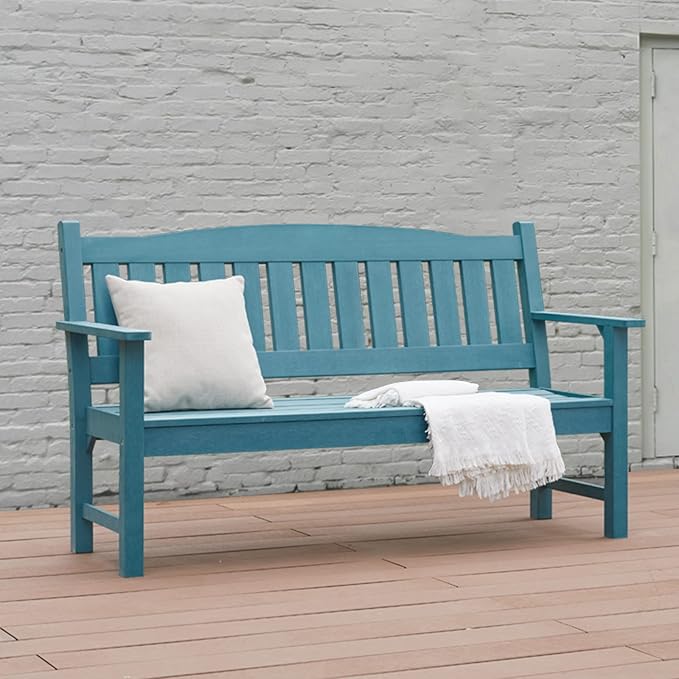 Psilvam 3-Person Outdoor Memorial Bench, All-Weather Poly Lumber Garden Bench, Rot-Resistant Outdoor Patio Bench for Park,Porch,and Church(Blue)-Ruum Studio Home