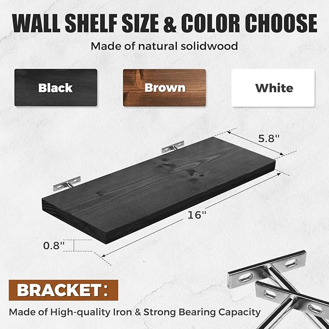 Floating Wall Shelves 2-Pack - Rustic Black 16-inch Wooden Wall Shelves for Storage and Décor, Multi-Functional and Easy to Install for Living Room, Bedroom, and Kitchen-Ruum Studio Home