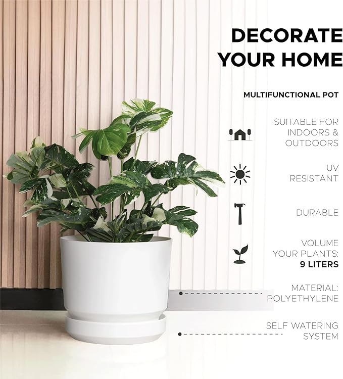 Elly Décor 10 inch Plastic Cylinder Planter Pot with Self-Watering Saucer and Drainage Hole,Lightweight & Extremely Durable, 10"x 10", White-Ruum Studio Home