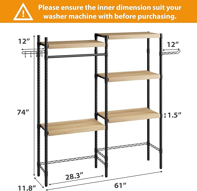 5-Tier Over-The-Washer Shelf - Adjustable 28" Laundry Organizer with 100lb Double Wood Shelves, Space-Saving Storage Unit for Small Homes (Natural & Black)-Ruum Studio Home