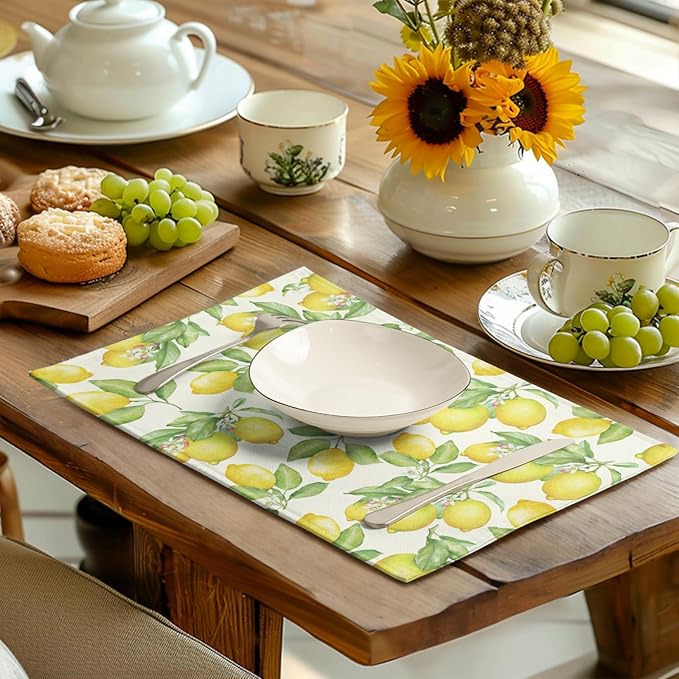 Lemon Placemats Set of 4 Summer Yellow Fruit Green Leaf Floral Linen Table Mat Rustic Farmhouse Spring Heat Resistant Non Slip Washable Place Mats for Dining Kitchen Party Decor-Ruum Studio Home