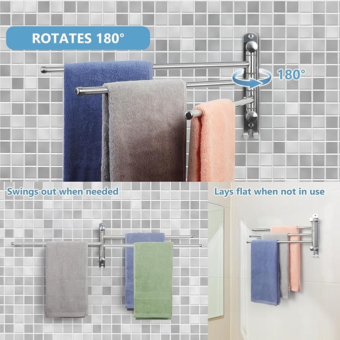 Bathroom Towel Rack JSVER 3 Arms Extended Towel Holder, Swivel Towel Bar, SUS304 Stainless Steel Space Saving Towel Racks for Bathroom, Kitchen-Ruum Studio Home