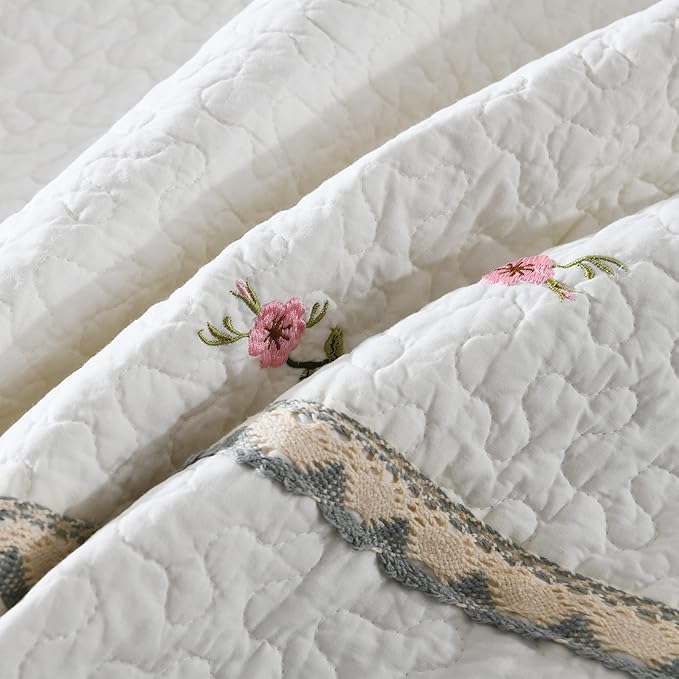 MarCielo 3-Piece 100% Cotton Oversized Bedspread Lightweight Quilt Coverlet Embroidery Farmhouse Bedding Set (Sakura White, Oversized King (118"x106"))-Ruum Studio Home