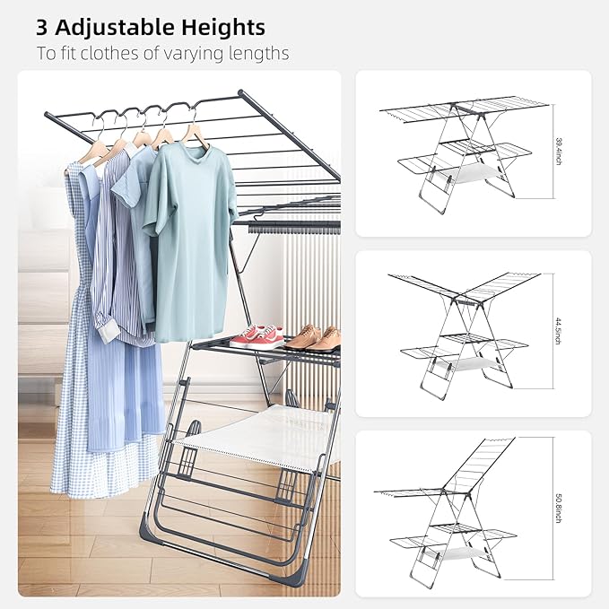 Clothes Drying Rack, Foldable 2-Level Laundry Racks for Drying Clothes Rack,Stainless Steel Drying Rack Clothing Collapsible for Indoor Outdoor,with Height-Adjustable Wings,33 Drying Rails,Gray-Ruum Studio Home