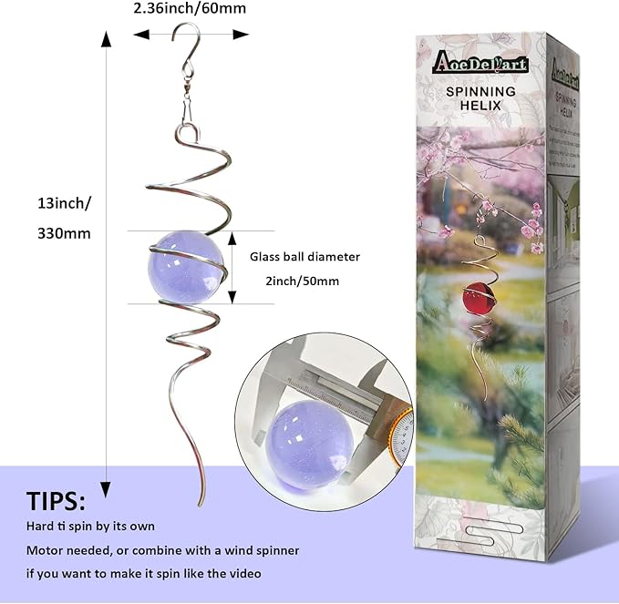 Gazing Ball Spiral Decorative Wind Spinner Sun Catcher 11inch Tail and 2 inch Glass Orb. Indoor Outdoor Garden Decoration Wind Sculptures-13 inch Height (Purple)-Ruum Studio Home