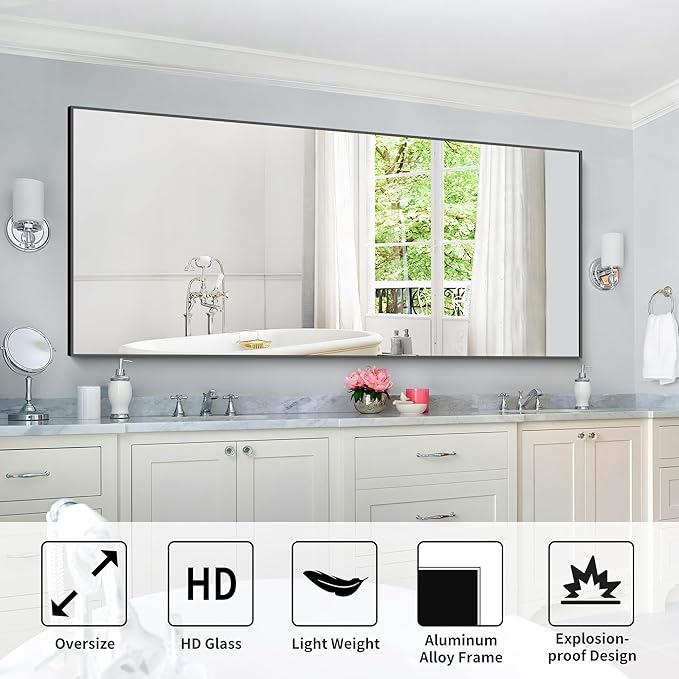 30x72inch Bathroom Mirror, Black Rectangle Mirror with Thin Frame, Large Rectangular Wall Mirror for Bathroom, Living Roomm, Hair Salon, Big Farmehouse Mirror Hang Horizontal/Vertical-Ruum Studio Home